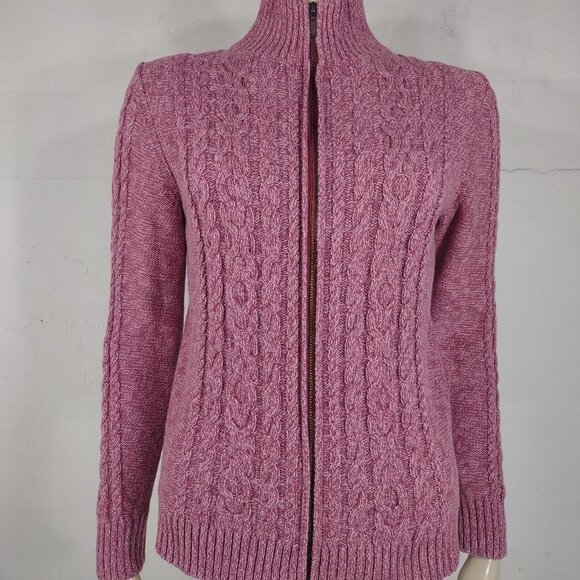 L.L. Bean pink full zip 100% Cotton cable knit fisherman's caridgan women Medium - Picture 1 of 8